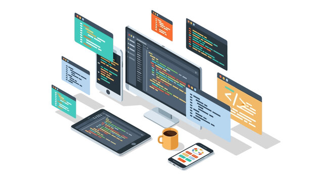 Isometric workspace with coding screens and mobile devices for developers