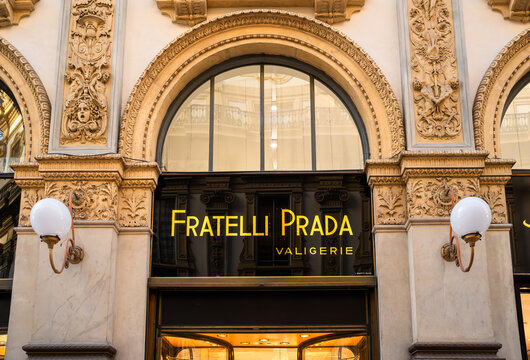 Milan, Italy - November 9, 2025: Fratelli Prada store in Milan, Vittorio Emanuele gallery - original luxury fashion brand