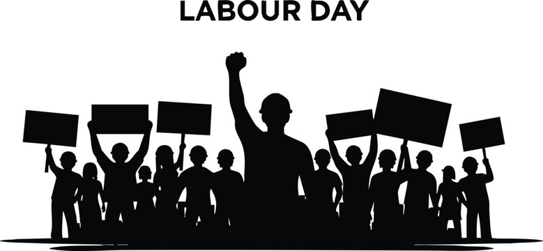 Flat design silhouetted crowd raising fists and holding protest signs labour day banner above center figure close up low angle black and white minimal vector art