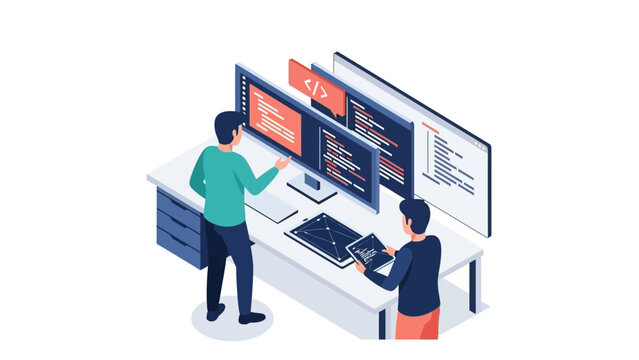 Modern isometric workspace with developers collaborating on multiple screens