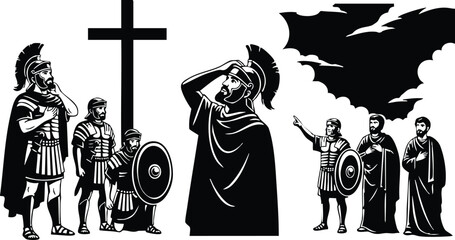 Obraz premium Silhouette vector low angle roman soldier shielding eyes looking up at large cross with two armed companions under jagged storm cloud dramatic high contrast bold vintage