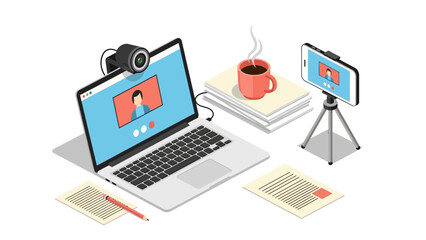 Isometric home office setup with laptop and smartphone for virtual meetings