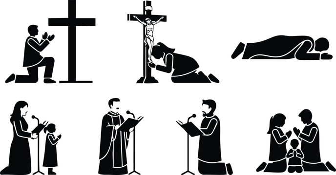Silhouette vector flat design religious scene showing kneeling worshipper at cross prostrate figure and clergy reading scripture with family praying in profile on white background isolated
