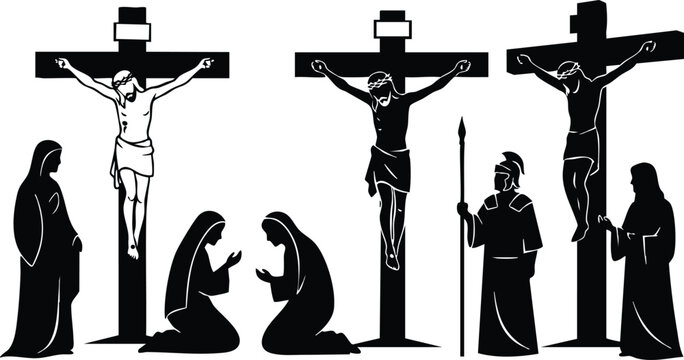 Silhouette crucifixion close up three crosses with jesus christ central low angle view mourners kneeling soldier standing side easter flat vector stark black and white contrast