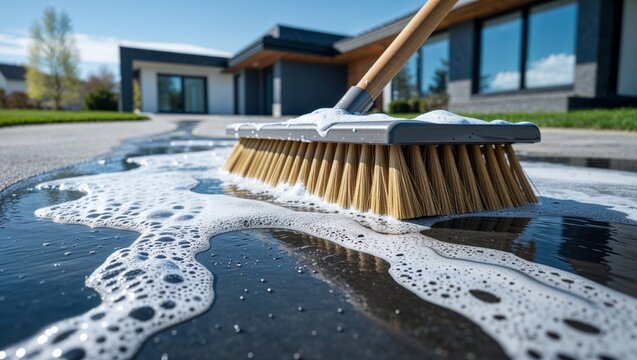 Cleaning a driveway with a stiff-bristled broom and soapy water on a sunny day