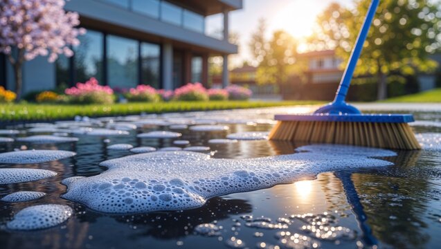 Broom cleaning foamy water on driveway with modern house and blooming trees in background