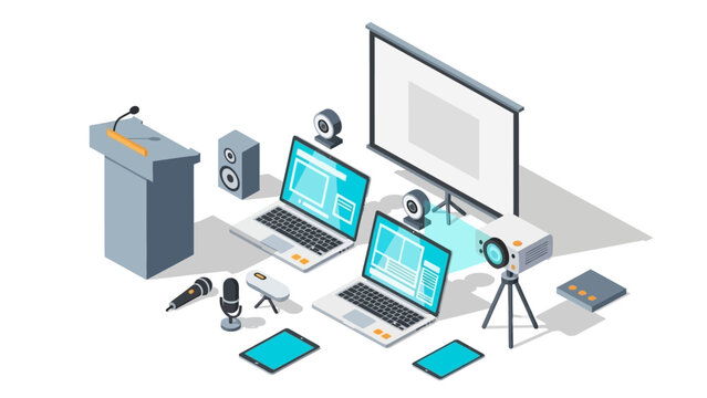 Isometric conference setup with laptops, projector, and microphones for virtual presentations