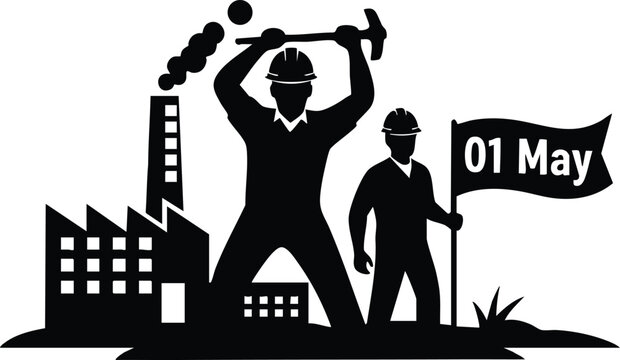Flat design bold silhouette of factory workers raising hammer and holding may day flag beside industrial plant low angle strong contrast protest graphic icon black monochrome