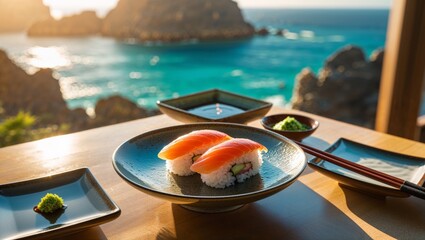 Delicious salmon nigiri sushi served with wasabi and soy sauce overlooking the ocean