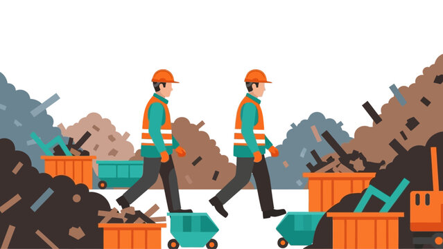 Workers in safety gear survey industrial recycling site with piles of debris