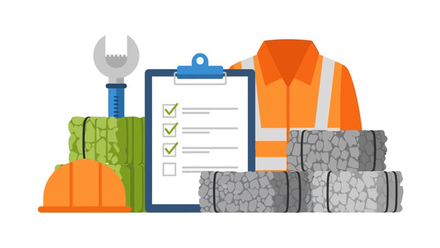 Construction tools and safety equipment icon set with checklist