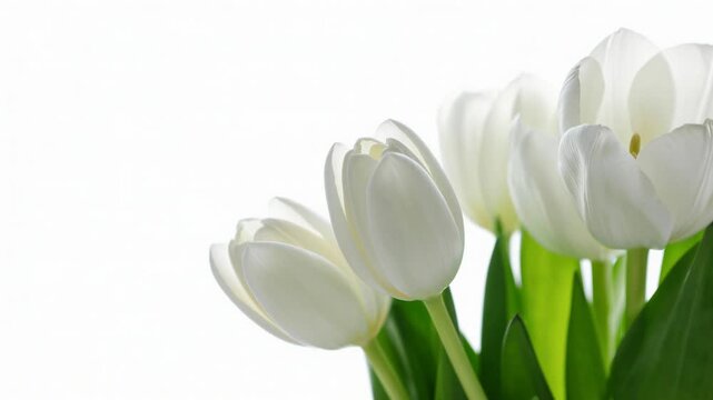 The petals of white tulips open. Camera is static. Isolated on white background.
