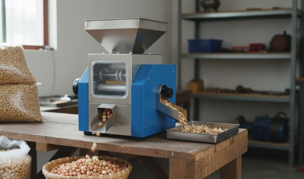 Closeup medium shot showcasing compact peanut sheller extracting nuts carefully from shells ideal for small production units