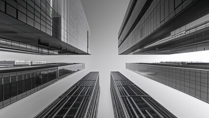 Looking up at modern glass skyscrapers forming a symmetrical pattern against the sky