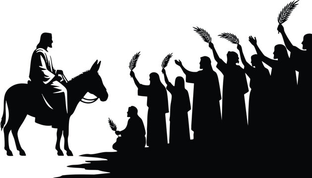 Silhouette vector art rider on donkey approaching crowd waving palm branches in procession entry scene religious figure palm sunday easter low angle high contrast black white