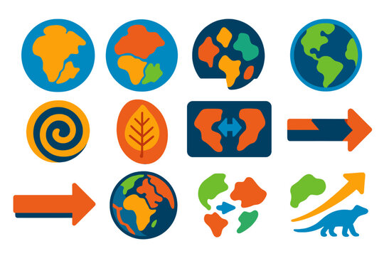 Geological Time Icons. Flat vector icons of geological time and drift: Pangea supercontinent, Gondwana, Laurasia, continental