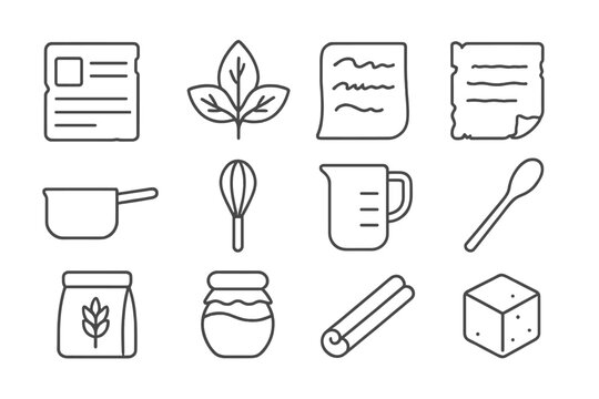 Timeless Recipe Icons. Line style icons of Timeworn Recipes: Cardboard Recipe, Exotic Flavor, Cursive Handwriting, Forgotten Taste