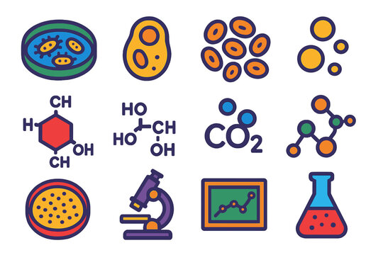 Fermentation Science Icons. Flat vector icons of fermentation science: microbial culture, yeast cell diagram, bacterial colony,