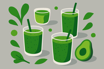 Green Smoothie Elegance. Abstract composition of fresh green smoothies in glasses on a gray textured surface, vibrant and clean