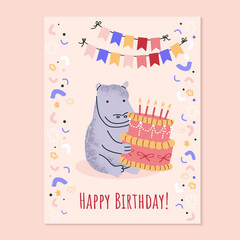 Template with cute cartoon baby hippo with Birthday cake. Perfect for a fun birthday or Valentine's Day greeting card, invitation, poster design