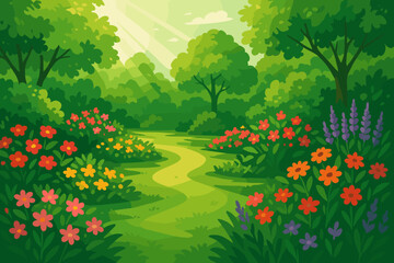 Fototapeta premium Lush Garden Illustration. Lush green vector illustration garden with vibrant flower beds and soft natural sunlight, serene and