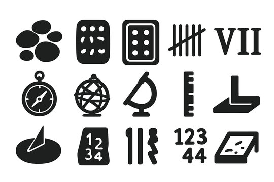 Early Math Icons. Solid style icons of Early Mathematics: Counting Stones, Clay Tablet, Wax Tablet, Tally Marks, Roman Numerals,