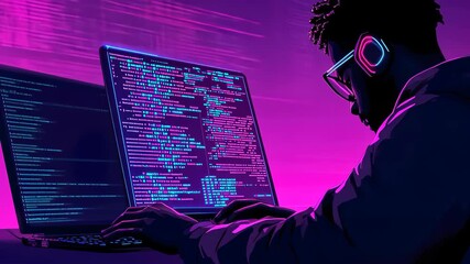Digital Code Weaver: An expert coder immersed in a neon-lit digital realm, meticulously crafting software code on dual screens, the glow reflecting the dedication to programming
