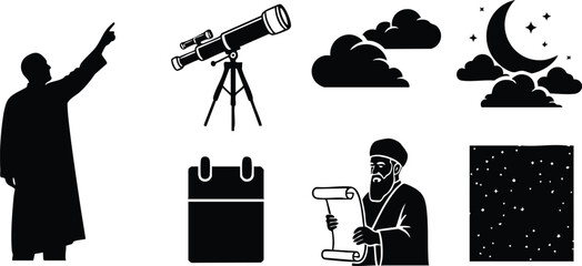 Flat icon set close up silhouette astronomer pointing up telescope on tripod scholar holding scroll calendar and night sky moon stars cloud panel isolated vector art