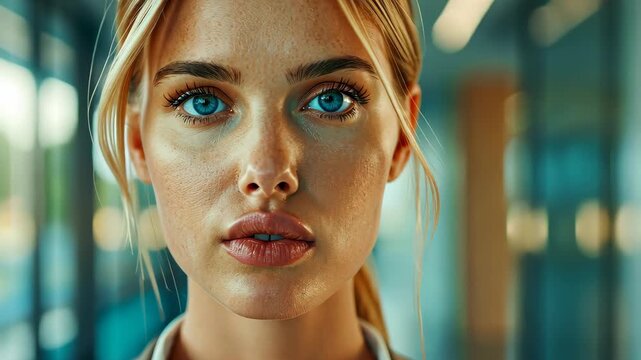 Captivating Gaze: A close-up of a striking person with blonde hair, piercing blue eyes and a flawless complexion, gazing directly at the viewer. Emphasizing the subtle beauty.