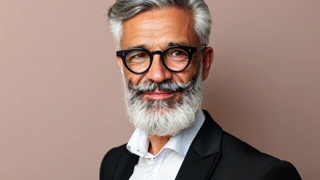 Elegant Senior Portrait: A distinguished senior man, his face framed by a striking salt-and-pepper beard and stylish glasses, exudes wisdom and confidence in a sophisticated portrait setting.