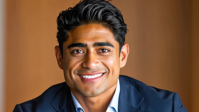 Confident Executive Portrait: A handsome businessperson exudes professional competence and approachability with a warm smile, capturing a moment of poise in a sophisticated environment.