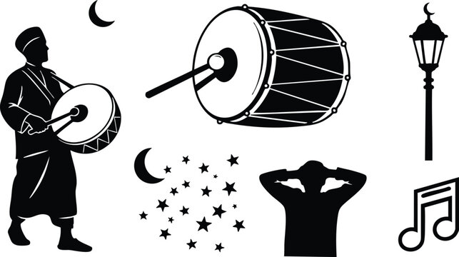 Silhouette vector side angle drummer beating large bass drum under crescent moon with scattered stars and vintage street lamp nearby silhouetted person covering ears during ramadan
