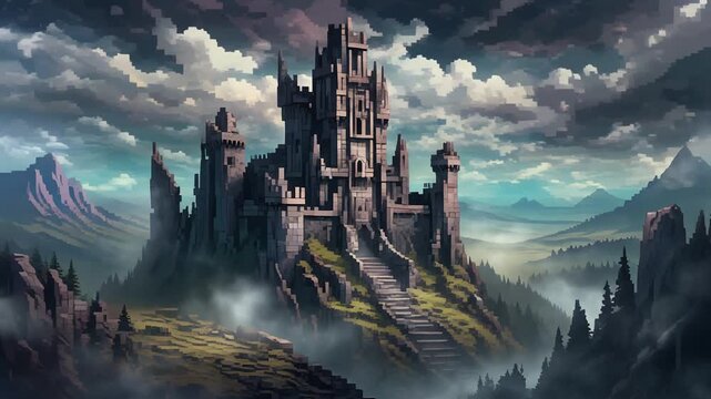 Epic fantasy castle perched on a misty mountain peak under dramatic clouds.