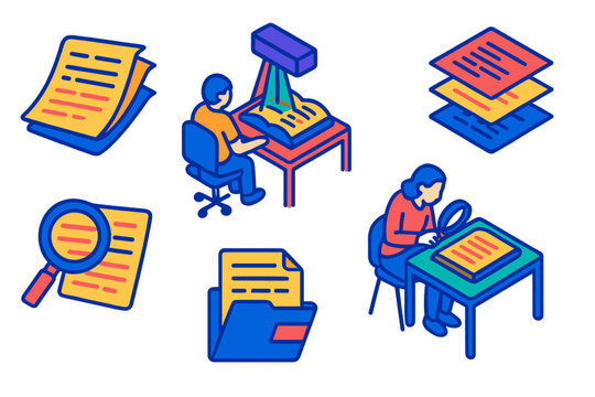 Palimpsest Study Icons. Isometric vector illustration set Palimpsest studies: manuscript folios, multispectral imaging, text