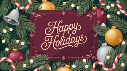 A festive Happy Holidays message is displayed on a decorative banner surrounded by ornaments, lights, candy canes, and evergreen branches creating a joyful design.