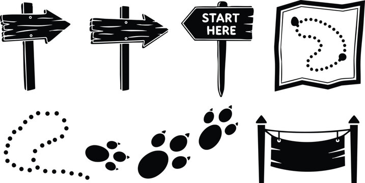 Hand drawn ink sketch vector signpost set with start here wooden sign map dotted trail paw prints directional arrows roped banner isolated black and white icons