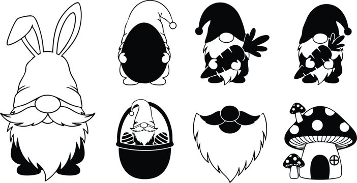 Line art close up set of easter gnome icons with bunny ears holding egg and mushroom house bearded faces wearing hats isolated vector icons black white
