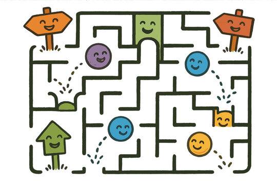 Playful Heuristic Maze. Playful heuristic maze with shortcuts, giggling signposts, bouncing balls of intuition, and smiling