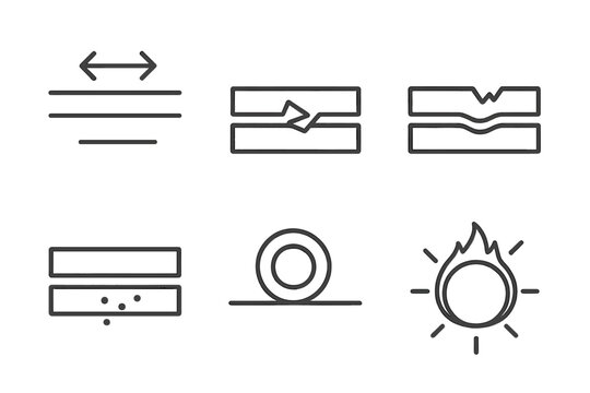 Icons of Wear Mechanisms. Line style icons of Friction and Wear Mechanisms: sliding surface, material transfer, scuffing mark,