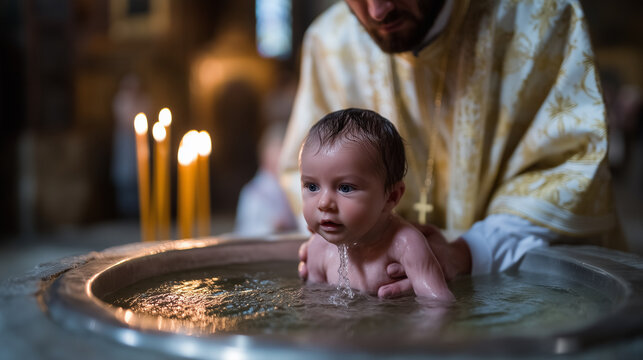 A solemn Orthodox Christian baptism ceremony inside a traditional Eastern Orthodox church, captured in a realistic documentary photography style. A newborn baby is being gently imm