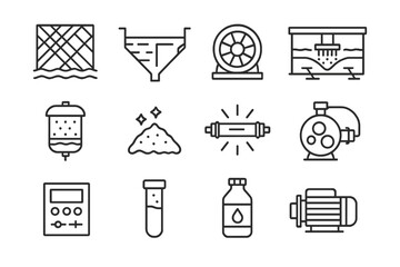 Water Treatment Icons. Line style icons of water treatment: filter screen, settling tank, aeration blower, sludge scraper; sand