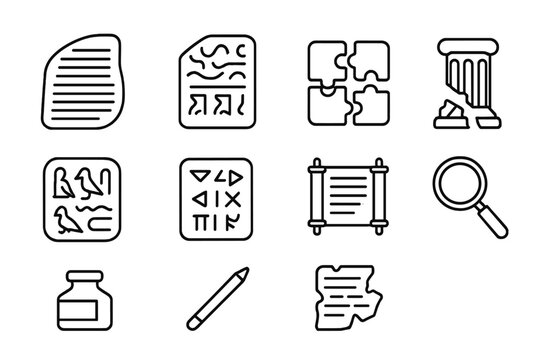 Decipherment Icons Collection. Line style icons of Decipherment Studies: Rosetta Stone, Undeciphered Script, Linguistic Puzzle,