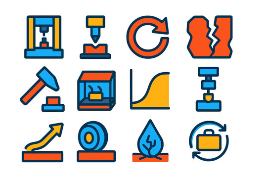 Colorful Testing Equipment Icons. Flat vector icons of testing materials: tensile test machine, hardness indenter, fatigue cycle