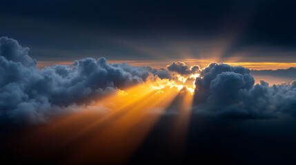 Dramatic heavenly sky at sunrise with dense, layered clouds forming a natural frame around an intense, radiant source of divine light in the center. Powerful golden sun rays burst