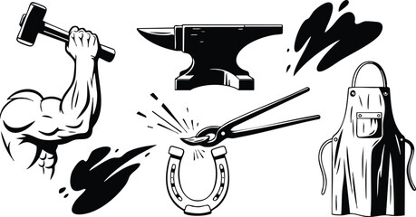 Tattoo flash close up muscular arm raising hammer striking horseshoe on anvil held with tongs next to leather apron in forge workshop bold monochrome retro stencil