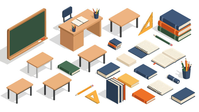 Classroom essentials isometric set with desks, books, and chalkboard for educational design