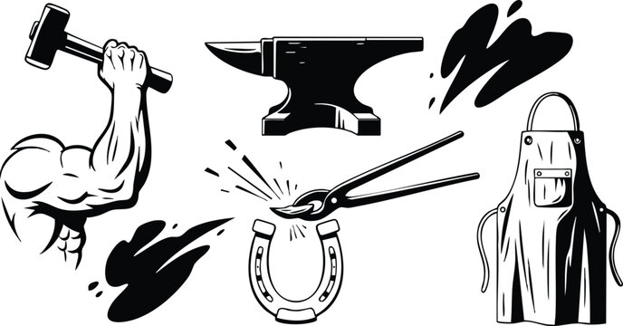 Tattoo flash close up muscular arm raising hammer striking horseshoe on anvil held with tongs next to leather apron in forge workshop bold monochrome retro stencil