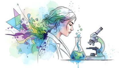 Female scientist with flowing hair conducting laboratory research with microscope and chemical flask surrounded by colorful geometric elements and bubbles.