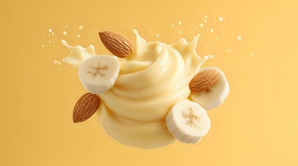 Creamy banana almond swirl with milk splash on golden background for dessert packaging and culinary advertising designs.