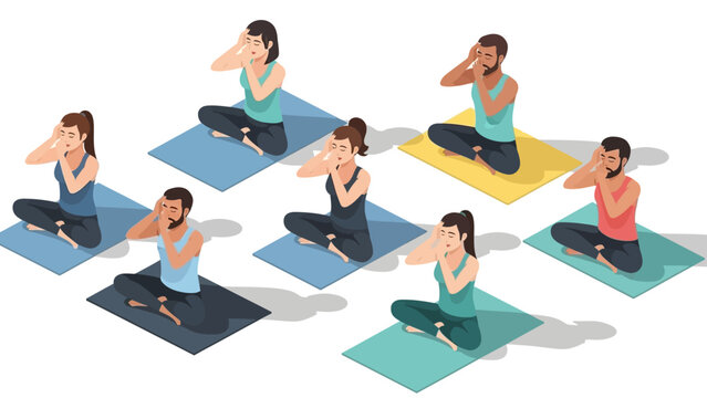Diverse group practicing yoga breathing on mats in isometric style